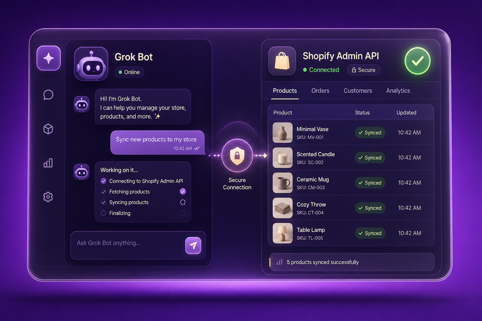 Grok Bot securely connected to Shopify Admin API
